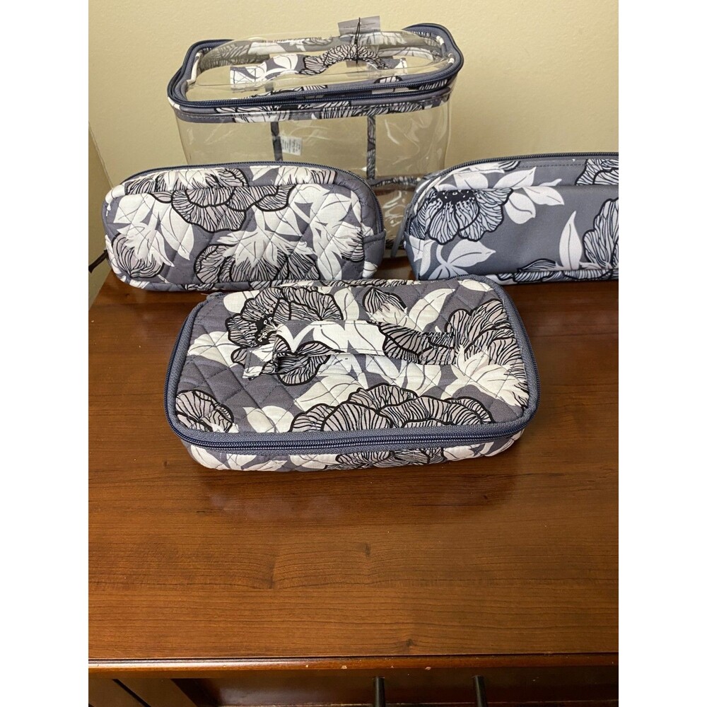 Vera Bradley 4 Piece Cosmetic Organizer Set Moon Meadow Shadow Travel Gray White